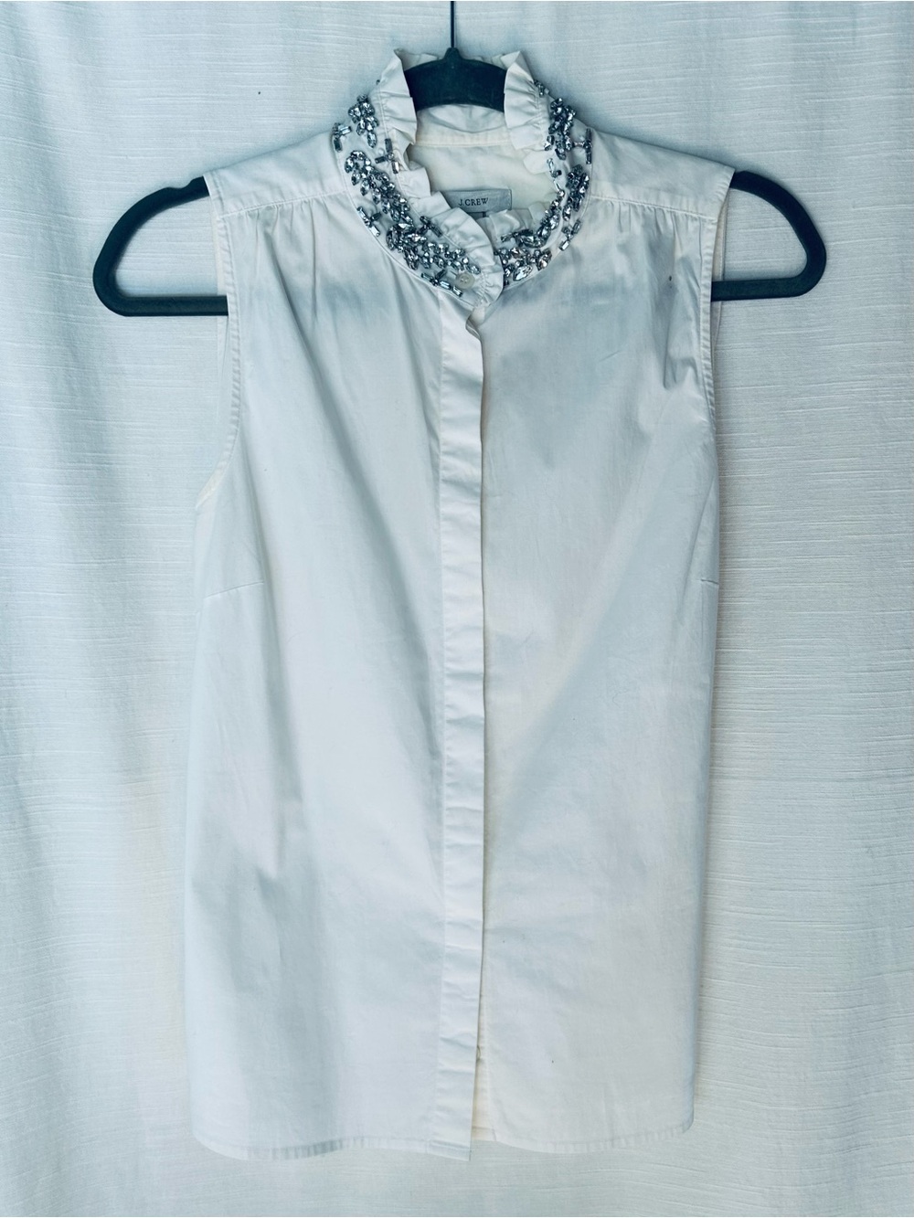 J. Crew Sleeveless White Button-Down Blouse with Beaded Rhinestone Ruffle Collar
